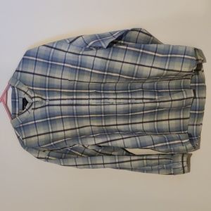Faded Glory Blue Plaid Mandarin Collar Button Down Size XL